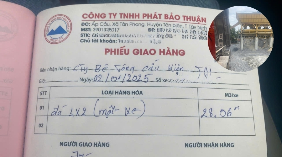 Phiếu giao nhận hàng của công ty Phát Bảo Thuận