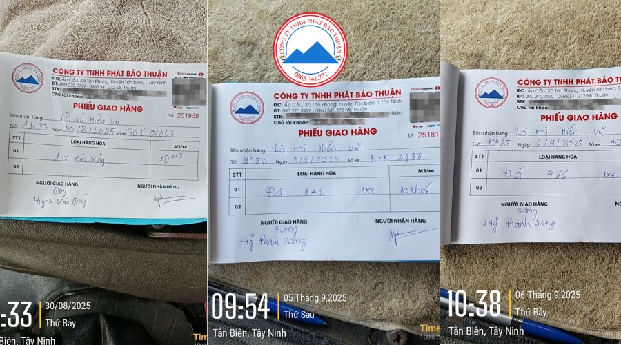 Các giấy tờ ghi nhận trong quá trình mua bán vật tư xây dựng giữa Phát Bảo Thuận với Quý đối tác